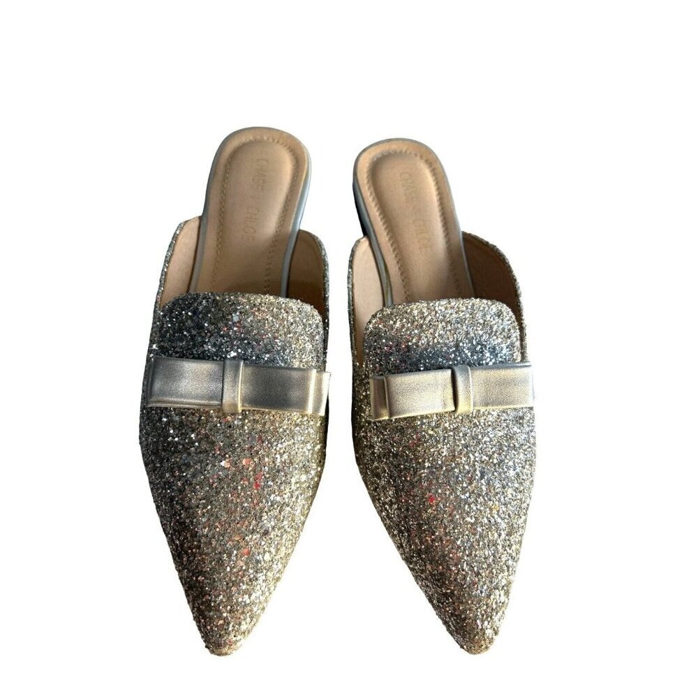 Chase + Chloe Shoes Womens Size 10 Silver Slip on Sparkle Pointed Toe Bow Mona 2